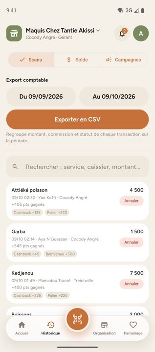 Écran Historique : scans, solde et campagnes, export comptable en CSV