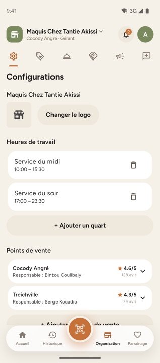 Écran Organisation : logo du commerce, heures de travail, points de vente et leurs responsables