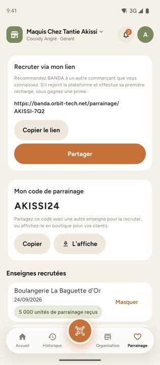 Écran Parrainage : lien de recrutement, code de parrainage à copier ou à afficher en boutique