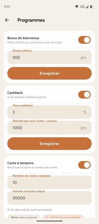 Écran Programmes : bonus de bienvenue de 500 points et cashback de 3 % activés, carte à tampons