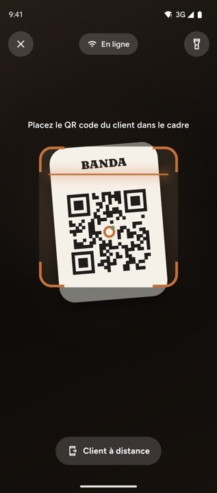 Écran de scan : placez le QR code du client dans le cadre, bouton Client à distance